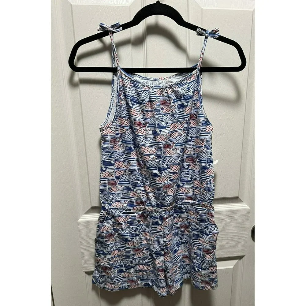NEW Vineyard Vines | Blue Red White Stars &‎ Stripes Whales Romper Sz L/14